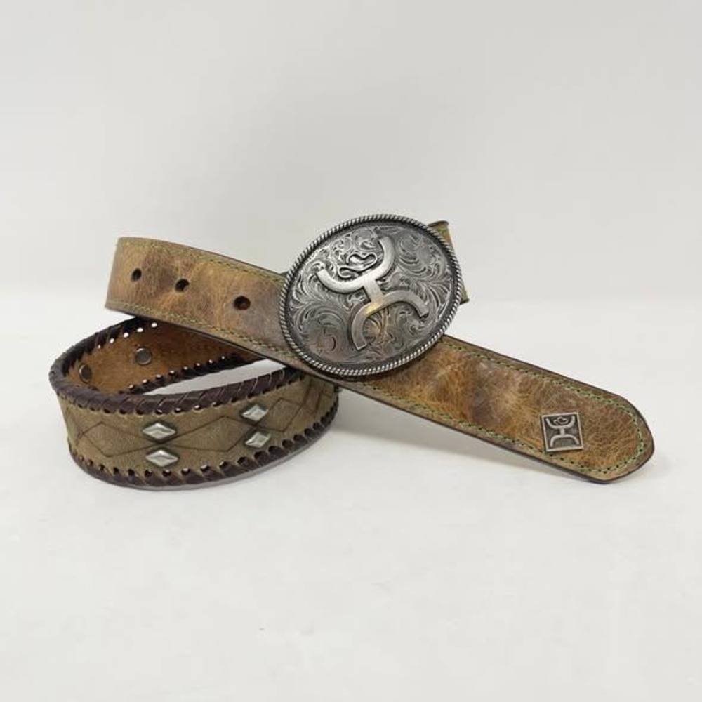 Hooey Western Belt‎ Youth Boys 24 Brown Leather Silver Buckle Green Stitch Rodeo